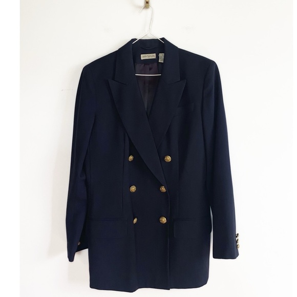 Vtg Ann Taylor Wool dark Navy Blue Nautical Blazer Womens size